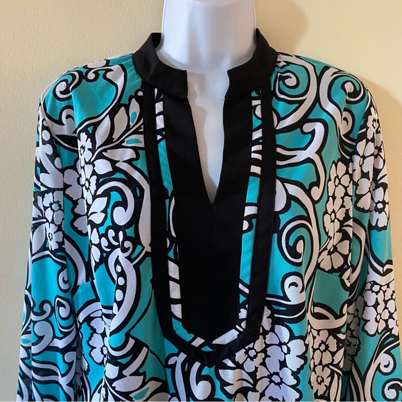 Vintage Covington Teal Black & White Floral Polyester Blouse Size L Large Long - Picture 2 of 10